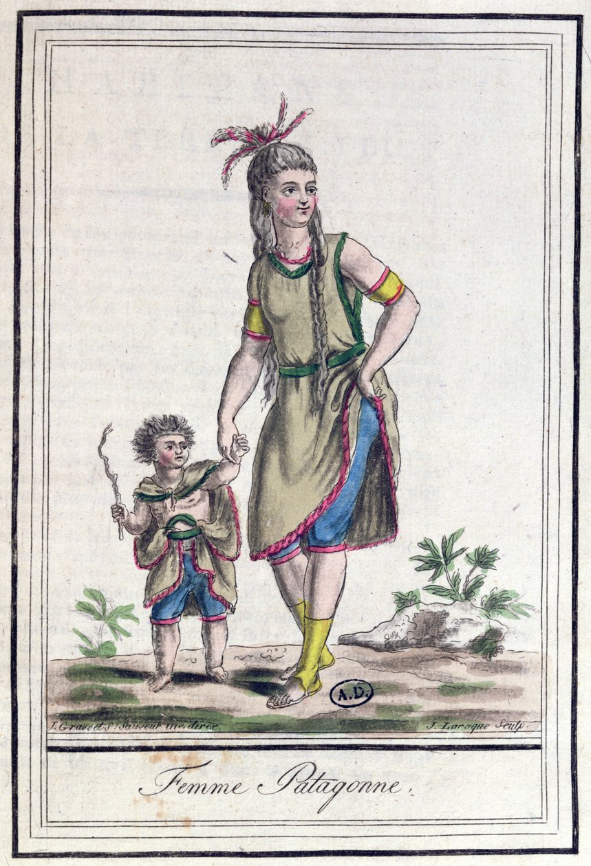 امرأة باتاغونية ، من "Encylopedie des Voyages" ، نقشها J. Laroque ، تم نشره عام 1796 بواسطة جاك غراسيت دي سانت سوفير