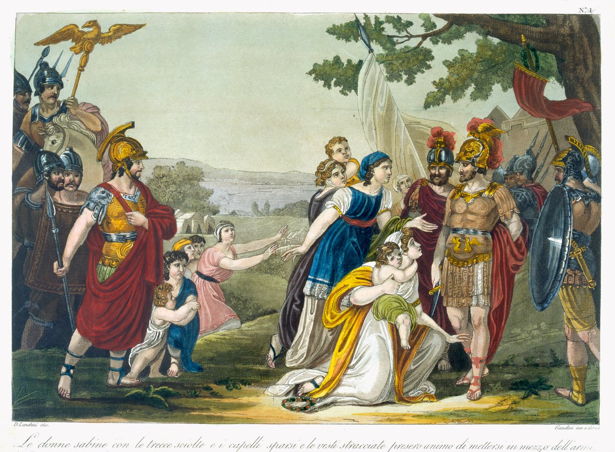 نساء سابين ، رسم توضيحي من &39;L&39;Antique Rome&39; ، منقوش بواسطة Labrousse ، تم نشره عام 1796 بواسطة جاك غراسيت دي سانت سوفير