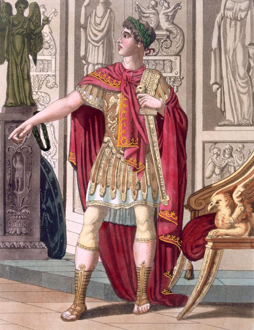 إمبراطور شاب في درعه الإمبراطوري وأرديةه ، رسم توضيحي من L&39;Antique Rome ، منقوش بواسطة Labrousse ، نشر عام 1796 بواسطة جاك غراسيت دي سانت سوفير