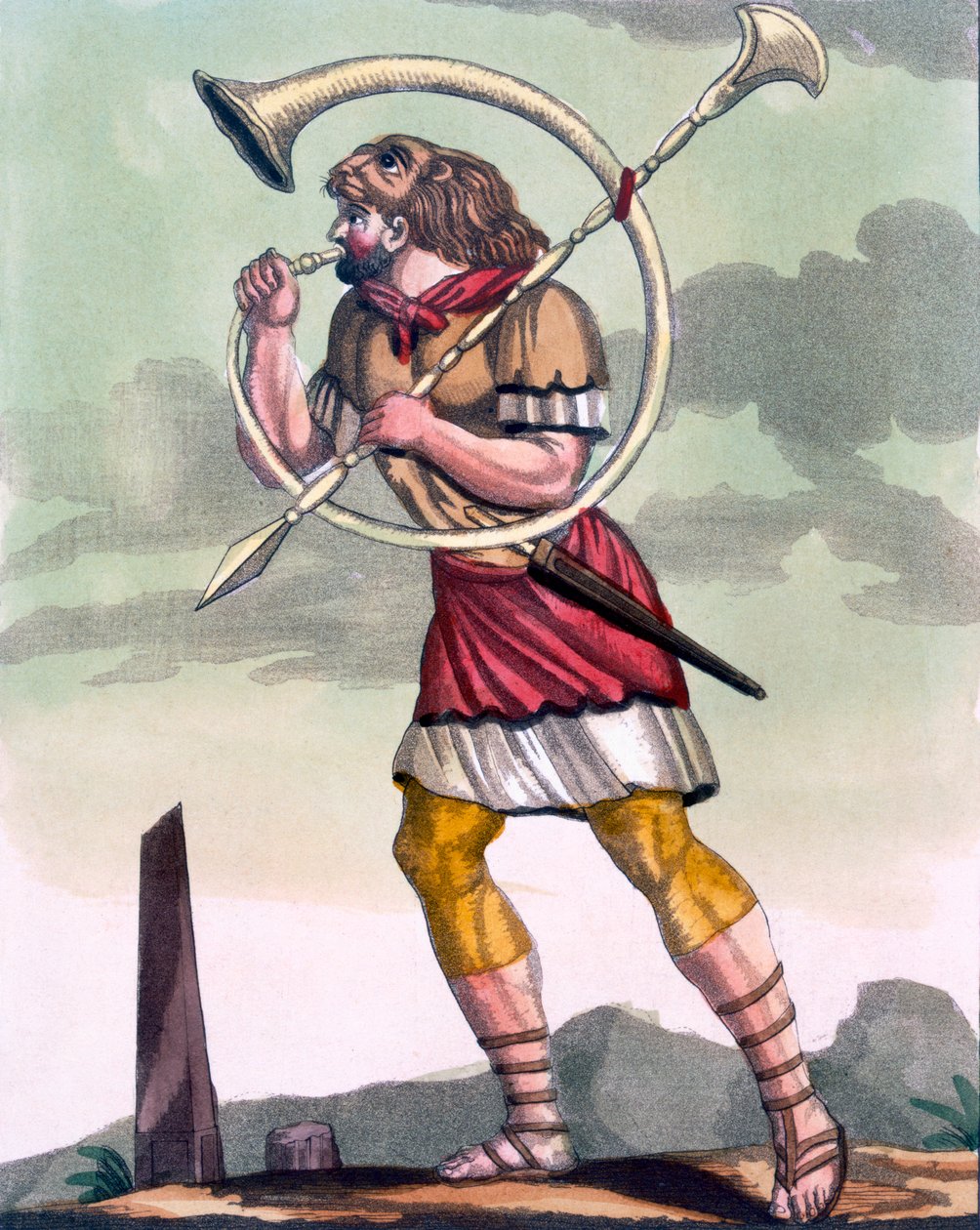 Buccinatore ، منفاخ القرن العسكري وعازف البوق ، رسم توضيحي من &39;L&39;Antique Rome&39; ، منقوش بواسطة Labrousse ، تم نشره عام 1796 بواسطة جاك غراسيت دي سانت سوفير