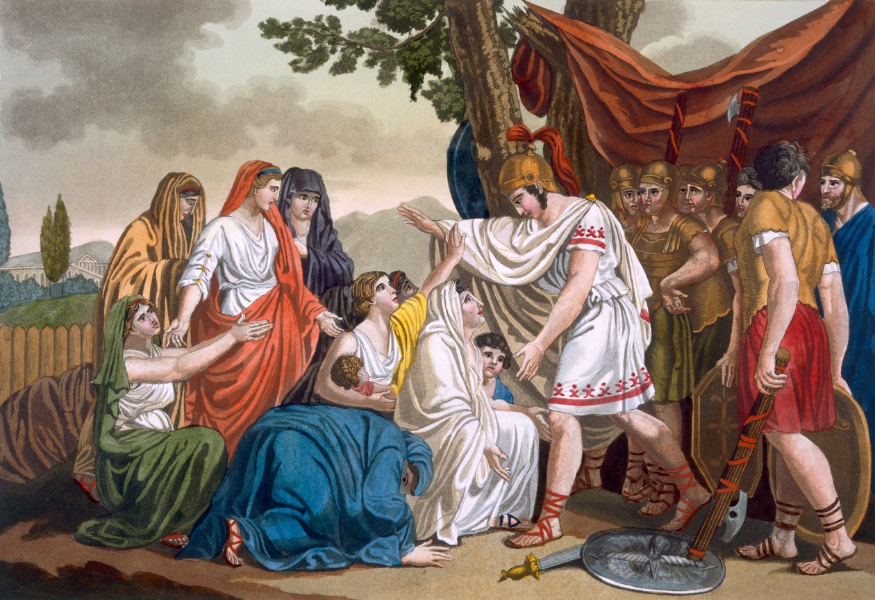 كوريولانوس ووالدته Volumnia ، رسم توضيحي من L&39;Antique Rome ، منقوش بواسطة Labrousse ، نشر 1796 بواسطة جاك غراسيت دي سانت سوفير