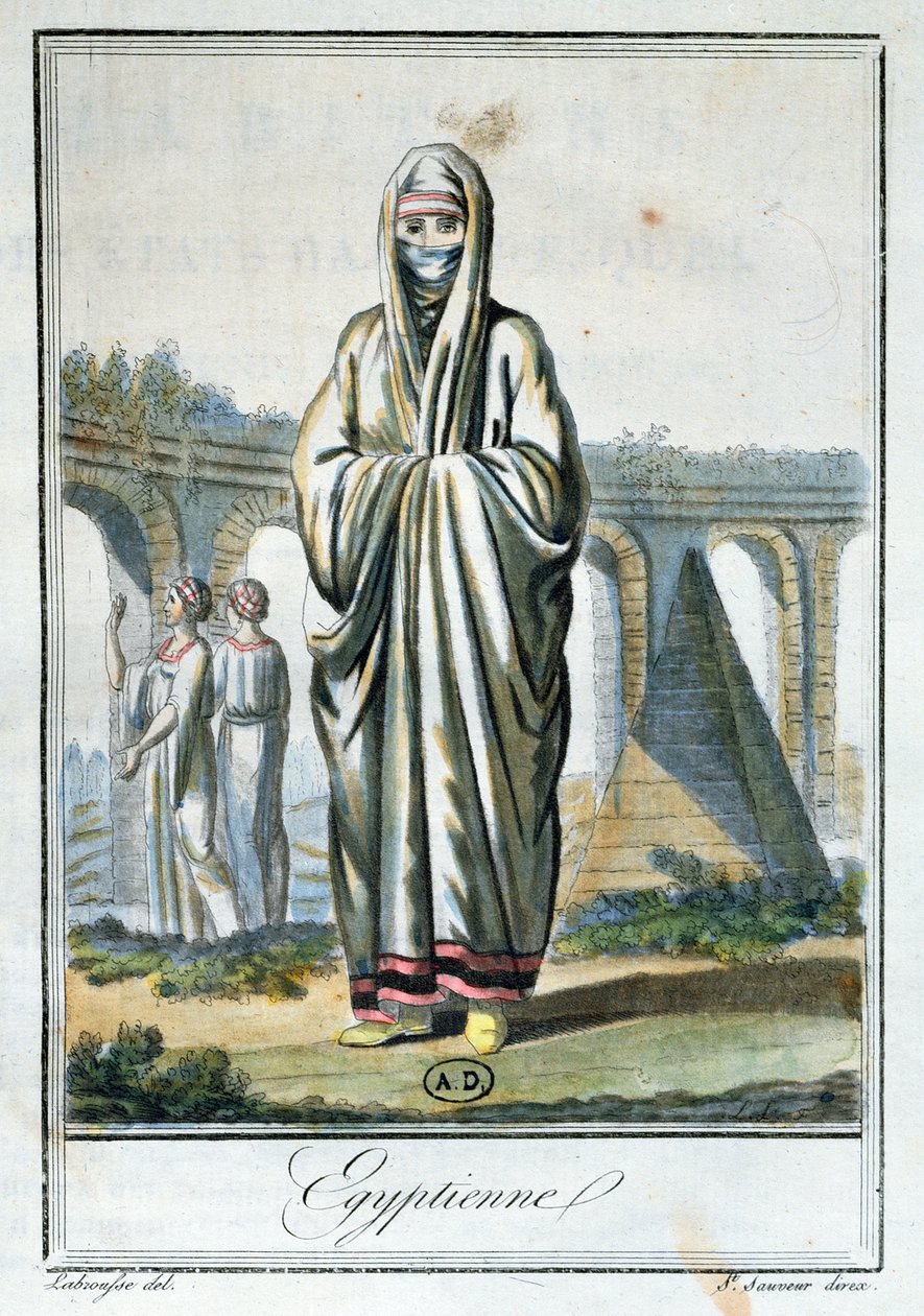 امرأة مصرية ترتدي الشادور ، صورة توضيحية من "موسوعة الرحلات" ، نُشرت في باريس ، 1796 بواسطة جاك غراسيت دي سانت سوفير