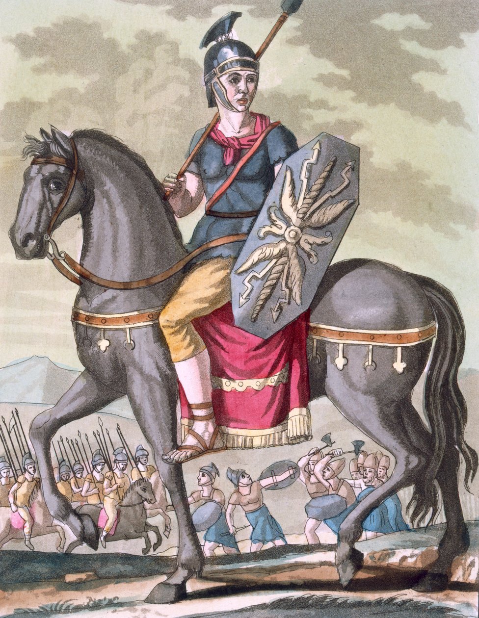 الفرسان الرومانيون من جيش الدولة ، رسم توضيحي من &39;L&39;Antique Rome&39; ، منقوش بواسطة Labrousse ، نشر 1796 بواسطة جاك غراسيت دي سانت سوفير