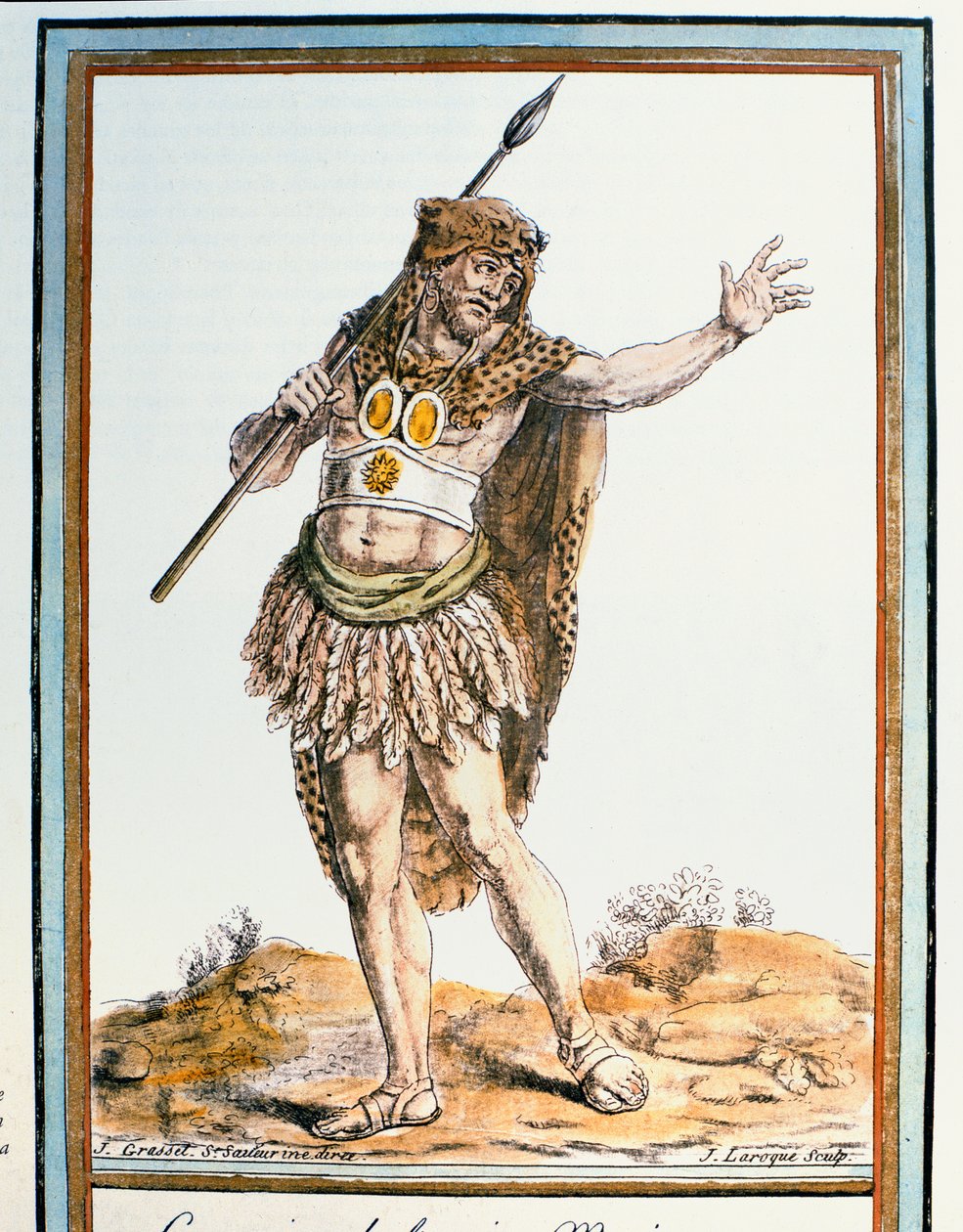 محارب المكسيك القديمة ، رسم توضيحي من &39;Encyclopedie des Voyages ؛ ، محفور بواسطة J. Laroquw ، نشر 1796 بواسطة جاك غراسيت دي سانت سوفير