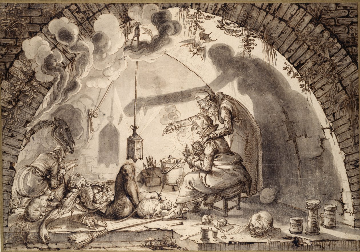 A Witch&39;s Kitchen ، c.1600 (قلم وحبر وغسل على ورق) بواسطة جاك الثاني دي غين