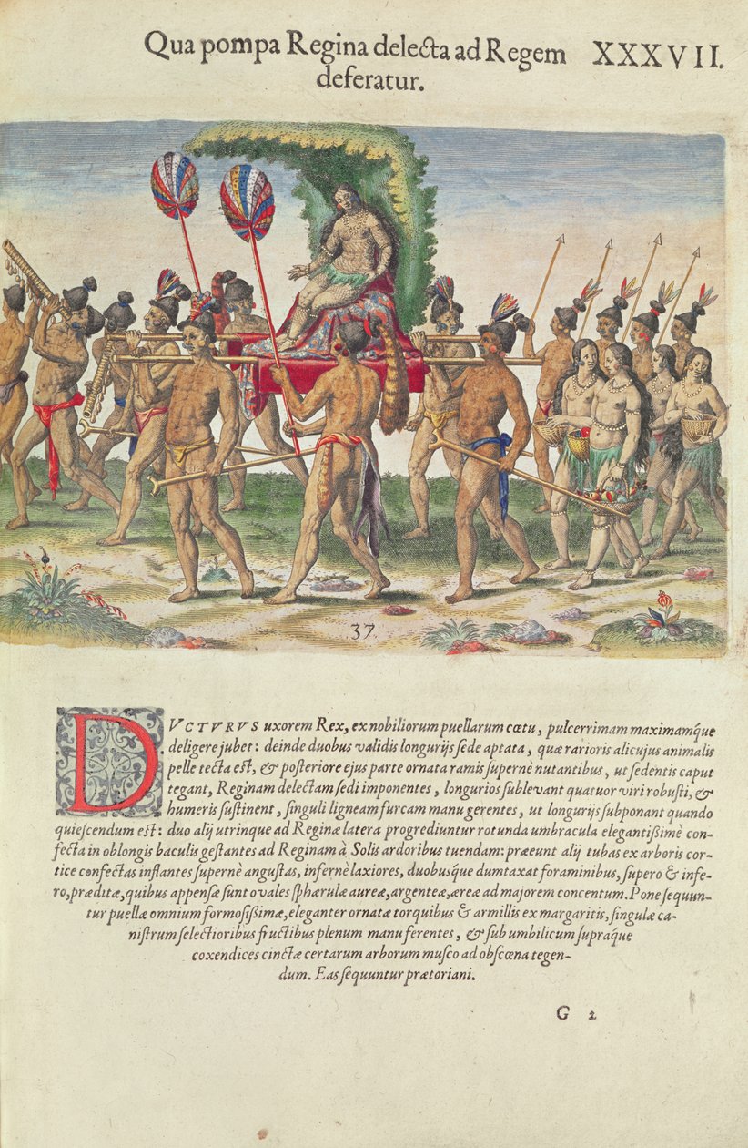 يتم حمل العروس إلى الرئيس ، من "Brevis Narratio .." ، منقوش بواسطة Theodore de Bry (1528-98) المنشور في فرانكفورت ، 1591 بواسطة جاك لو موين