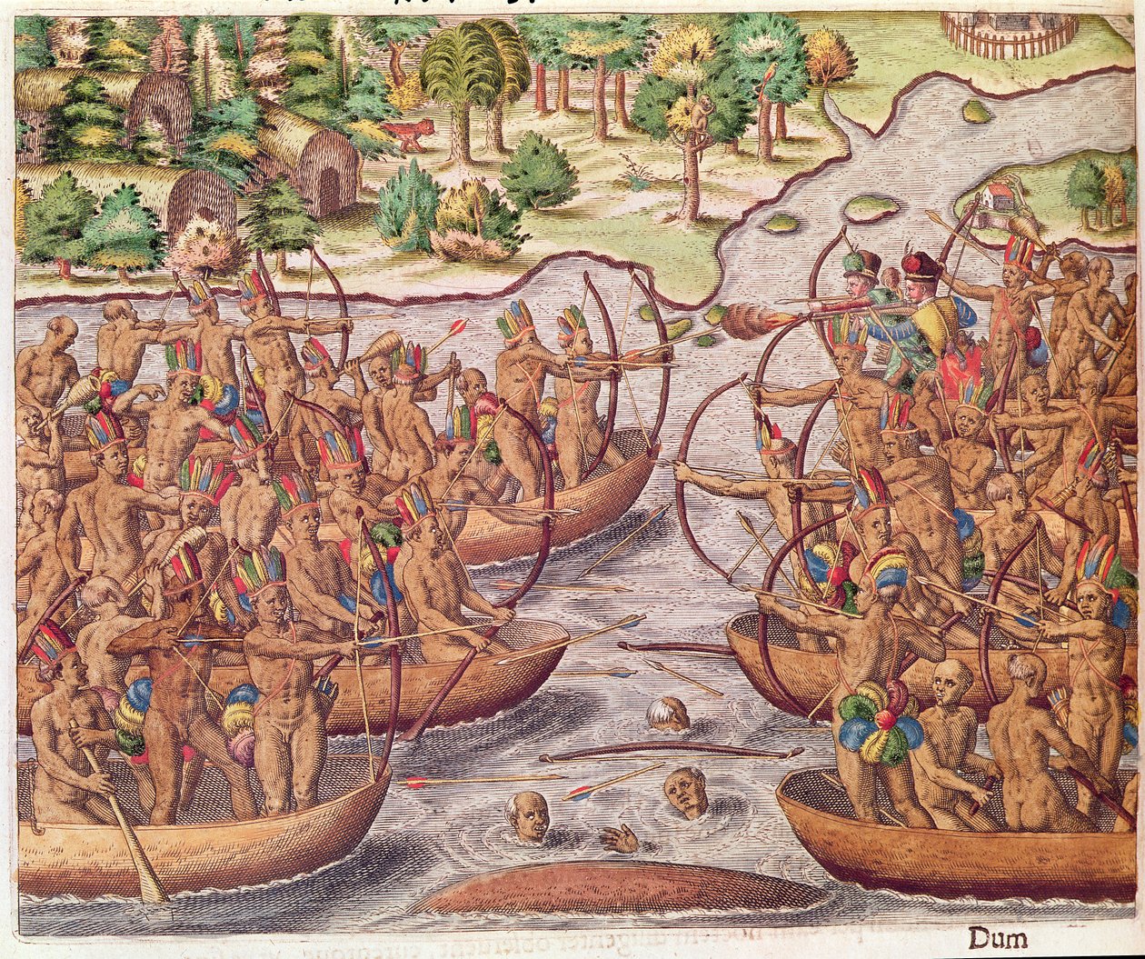 معركة بين القبائل الهندية ، من "Brevis Narratio .." ، منقوش بواسطة Theodore de Bry (1528-98) 1564 بواسطة جاك لو موين