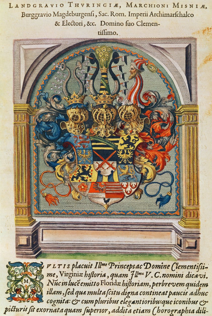 شعار النبالة ، من "Brevis Narratio .." ، منقوش بواسطة Theodore de Bry (1528-98) المنشور في فرانكفورت ، 1591 بواسطة جاك لو موين