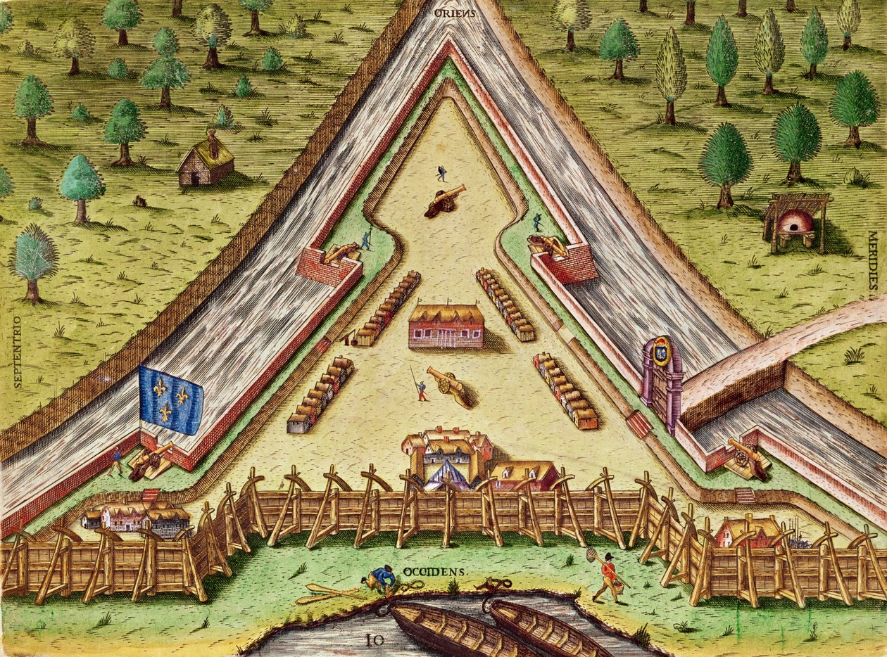 حصن كارولين ، من "Brevis Narratio .." ، منقوش بواسطة Theodore de Bry (1528-98) المنشور في فرانكفورت ، 1591 بواسطة جاك لو موين