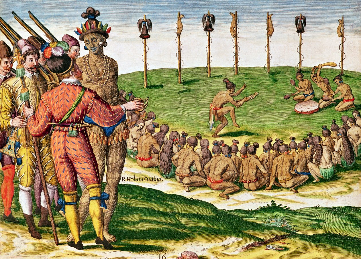 حفل النصر الهندي ، من "Brevis Narratio .." ، منقوش بواسطة Theodore de Bry (1538-98) المنشور في فرانكفورت ، 1591 بواسطة جاك لو موين