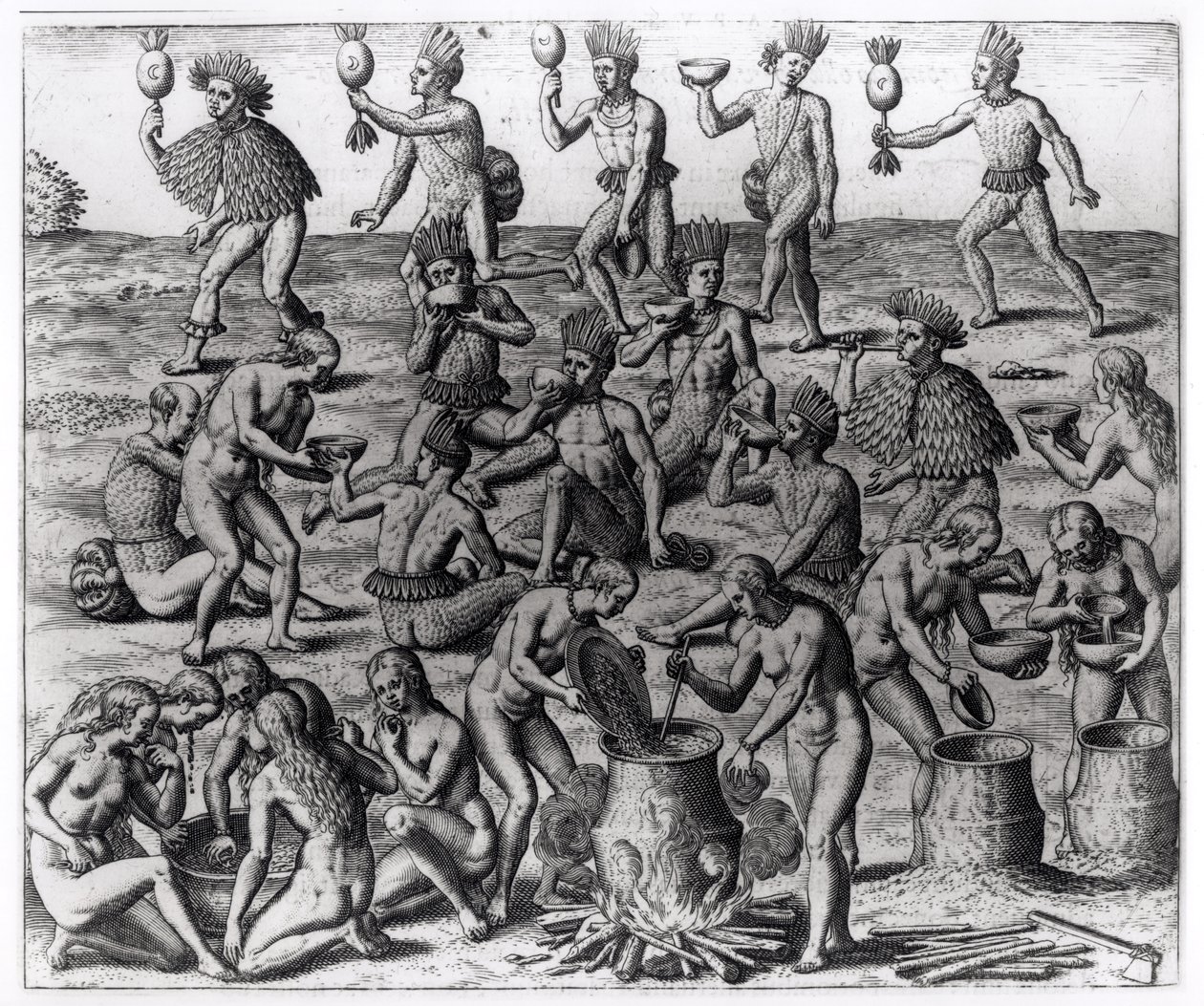 نساء هنديات يستعدن جذر المانيوك ، منقوش على يد ثيودور دي بري (1528-98) ، من "الأمريكتين" ، 1593 بواسطة جاك لو موين