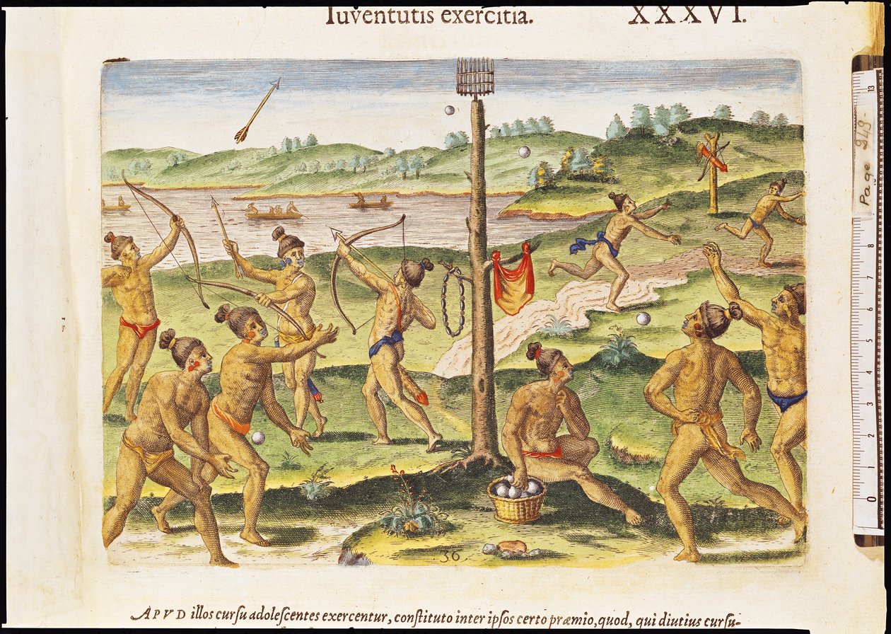 تدريب الهنود للحرب ، من "Brevis Narratio ..." ، منقوش بواسطة Theodore de Bry (1528-98) 1591 بواسطة جاك لو موين