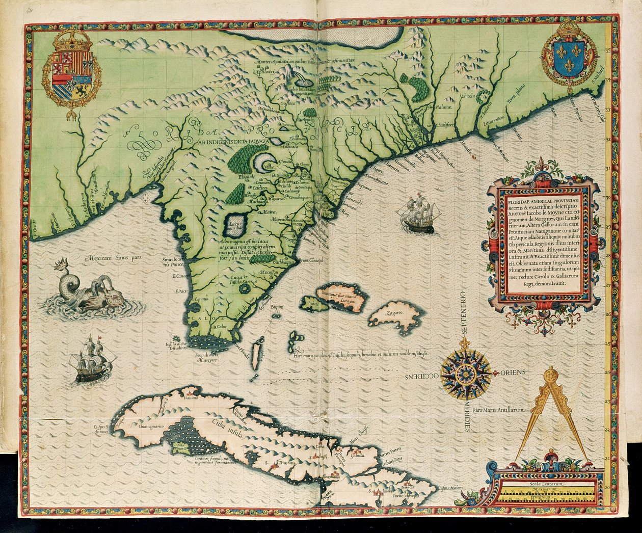 خريطة فلوريدا ، من "Brevis Narratio .." ، محفورة بواسطة Theodore de Bry (1528-98) المنشورة في فرانكفورت ، 1591 بواسطة جاك لو موين
