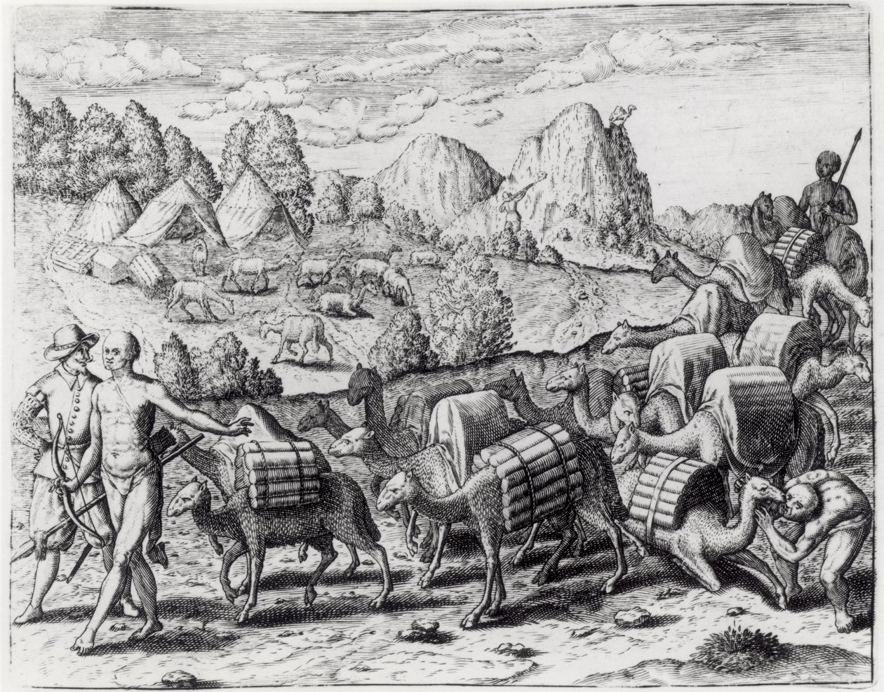 حزمة قطار من اللاما لادن بالفضة من مناجم بوتوسي في بيرو ، محفورة بواسطة تيودور دي بري (1528-98) ، من "الأمريكتين" ، 1602 بواسطة جاك لو موين