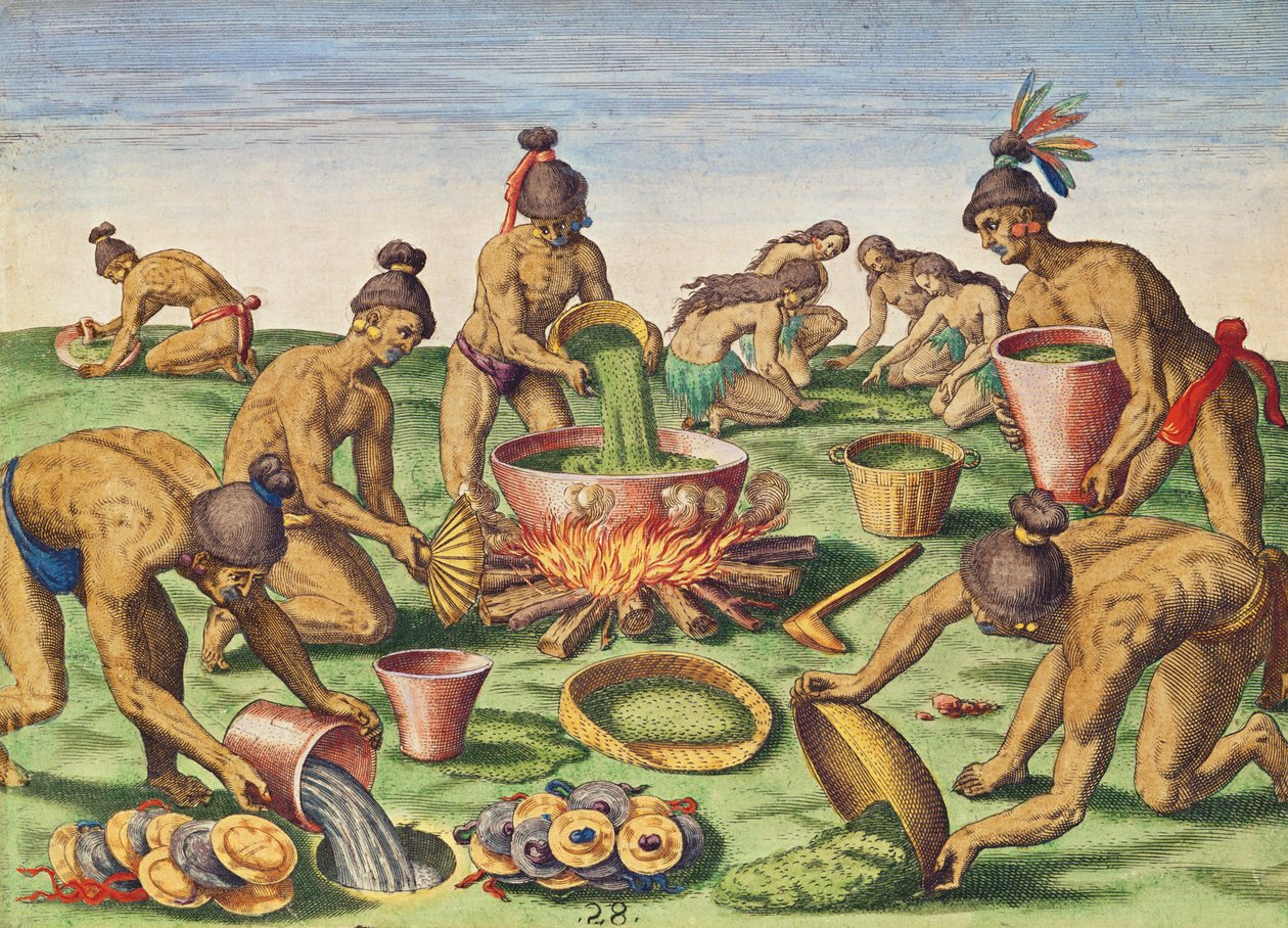 الاستعدادات لعيد ، من "Brevis Narratio .." ، منقوش بواسطة Theodore de Bry (1528-98) نشر في فرانكفورت ، 1591 بواسطة جاك لو موين