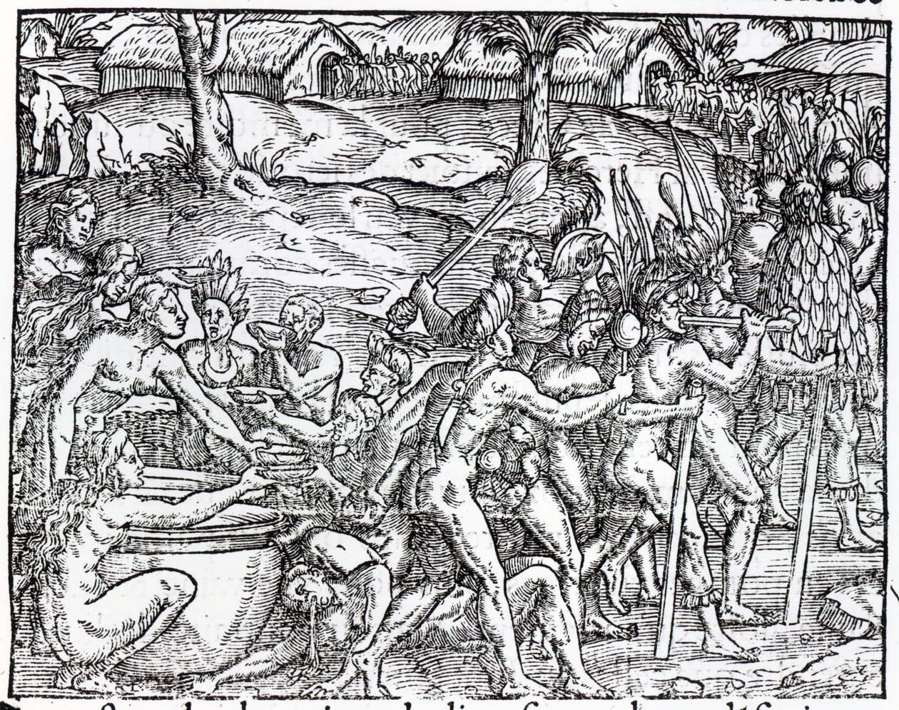 موكب السكان الأصليين يشربون ويدخنون ، نقشهم تيودور دي بري (1525-1575) بواسطة جاك لو موين