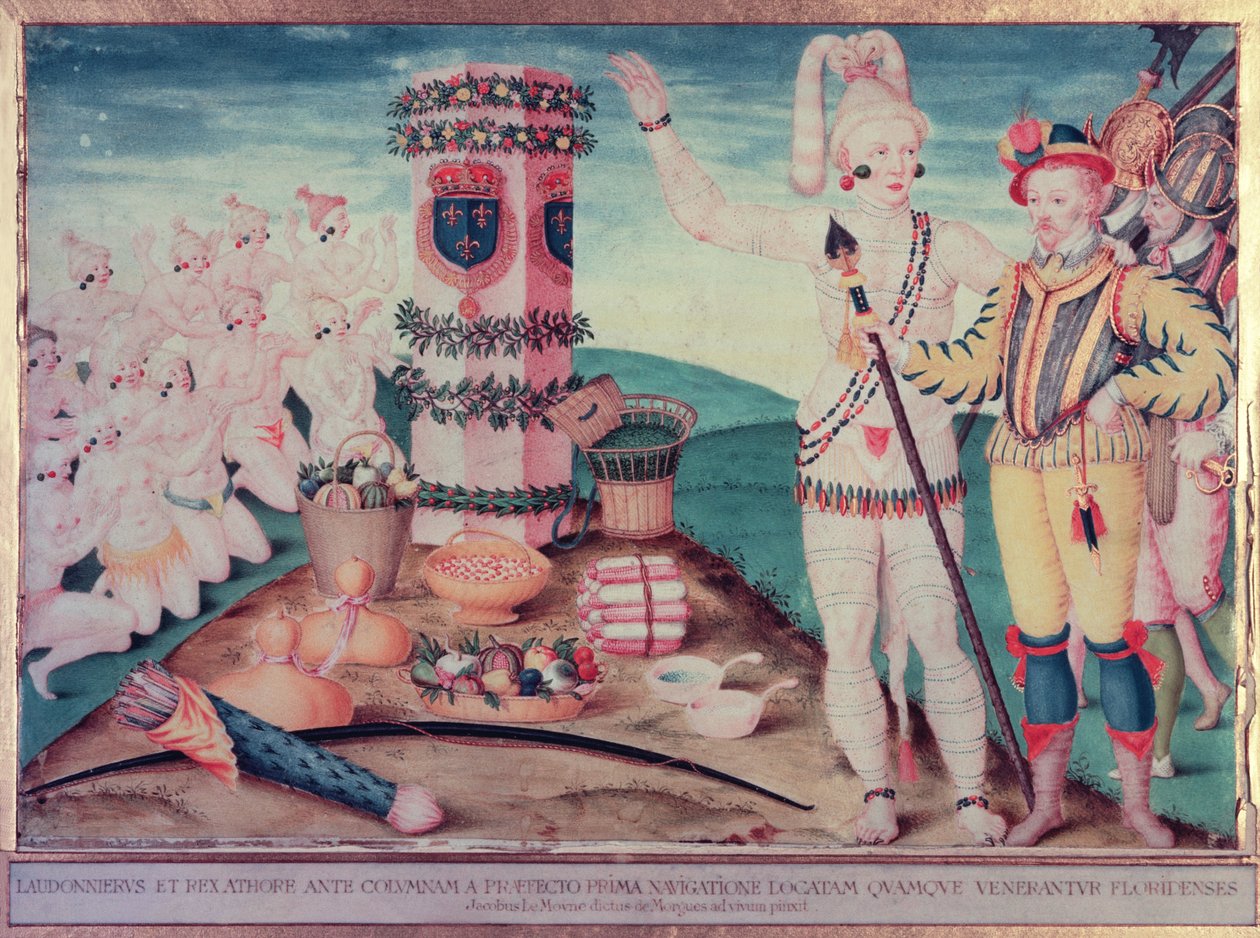 رينيه جولين دي لودونيير (c.1529-82) والرئيس أثور أمام عمود Ribault ، c.1570 بواسطة جاك لو موين