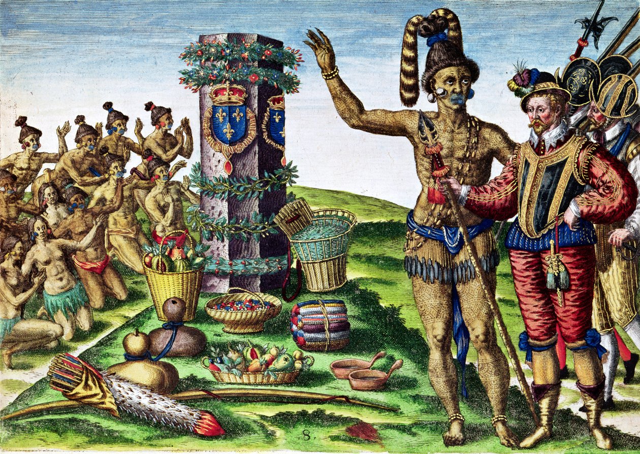 رينيه جولين دي لودونيير (c.1529-82) والرئيس أثور أمام عمود ريبولت ، من &39;Brevis Narratio ...&39; ، منقوش بواسطة Theodore de Bry (1528-98) 1563 بواسطة جاك لو موين