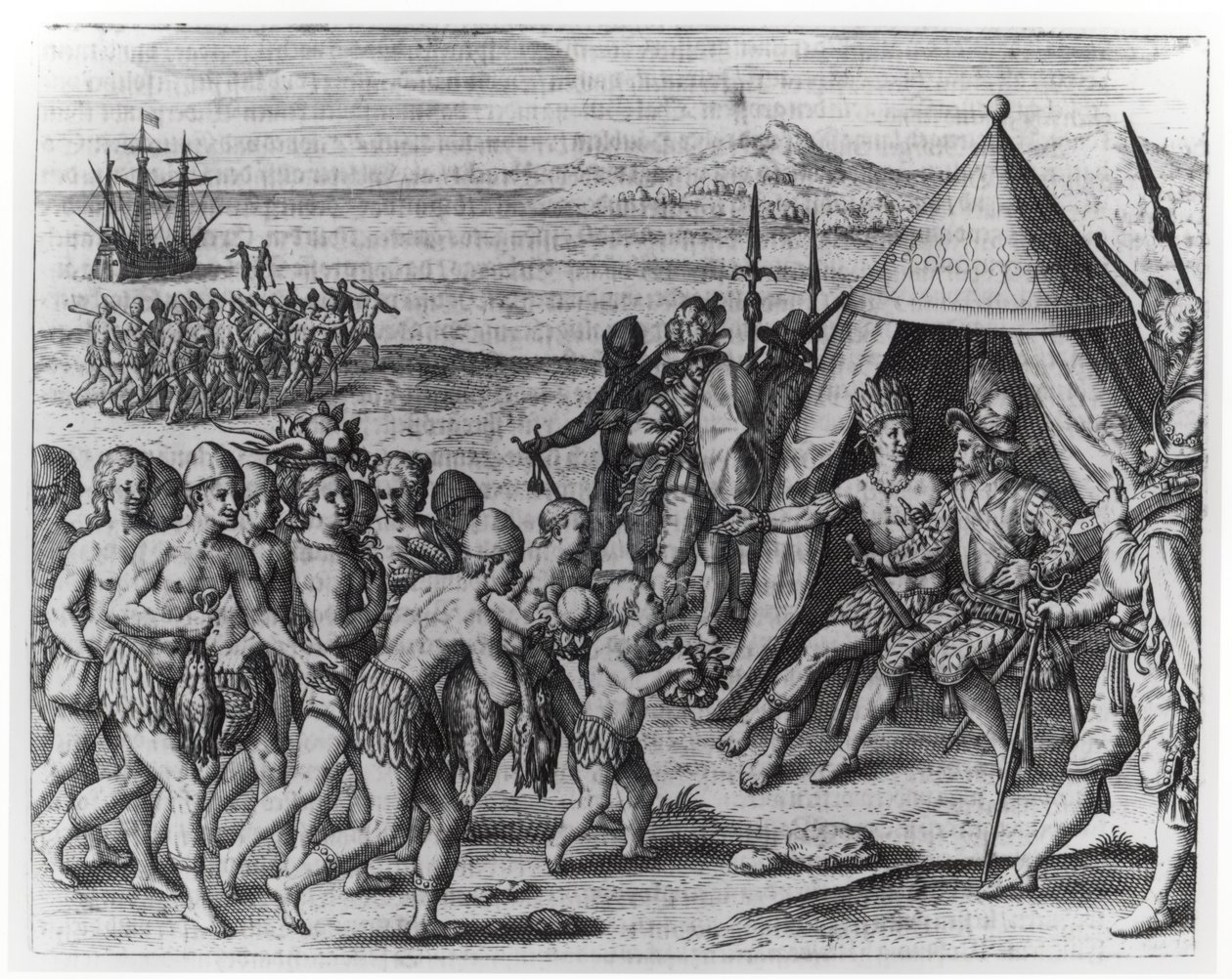 السير والتر رالي (1554-1618) محاولاً تأسيس صداقة مع الملك أرومايا من غيانا ، من "الأمريكتين" ، نقشها وكتبها تيودور دي بري (1528-98) بواسطة جاك لو موين
