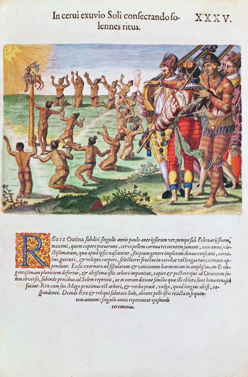 طقوس عبادة الشمس مع ذبيحة غزال من Brevis Narratio ، نقشها تيودور دي بري (1528-98) 1563 بواسطة جاك لو موين