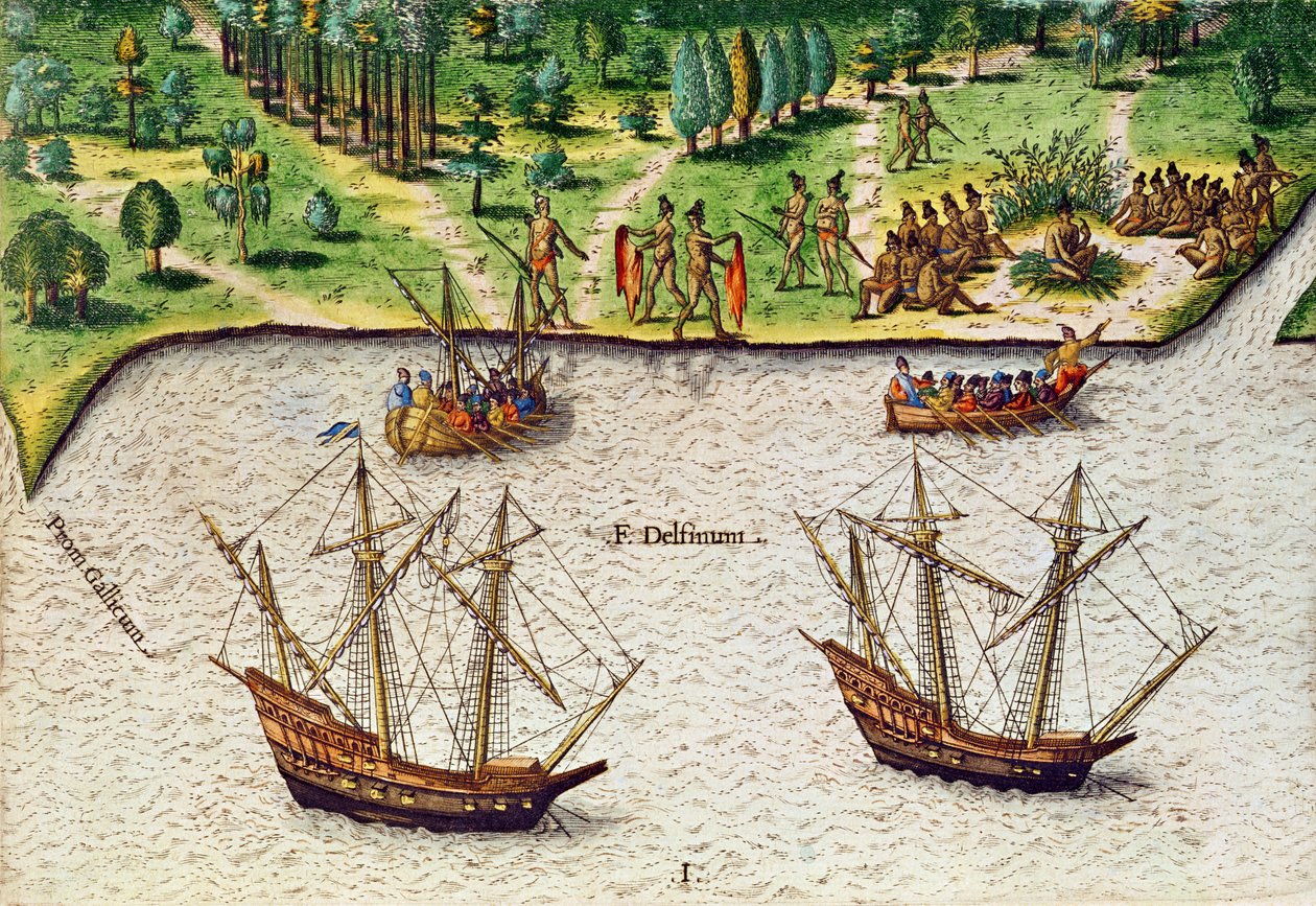 رأس فلوريدا (Gallicum) ونهر الدلفين (Fleuve Delphinium) من "Brevis Narratio" ، منقوش بواسطة Theodore de Bry (1528-98) 1563 بواسطة جاك لو موين