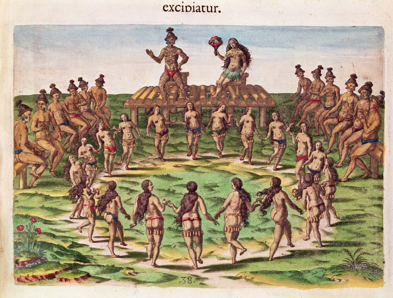 يستقبل الرئيس عروسه ، من "Brevis Narratio .." ، منقوش بواسطة Theodore de Bry (1538-98) المنشور في فرانكفورت ، 1591 بواسطة جاك لو موين