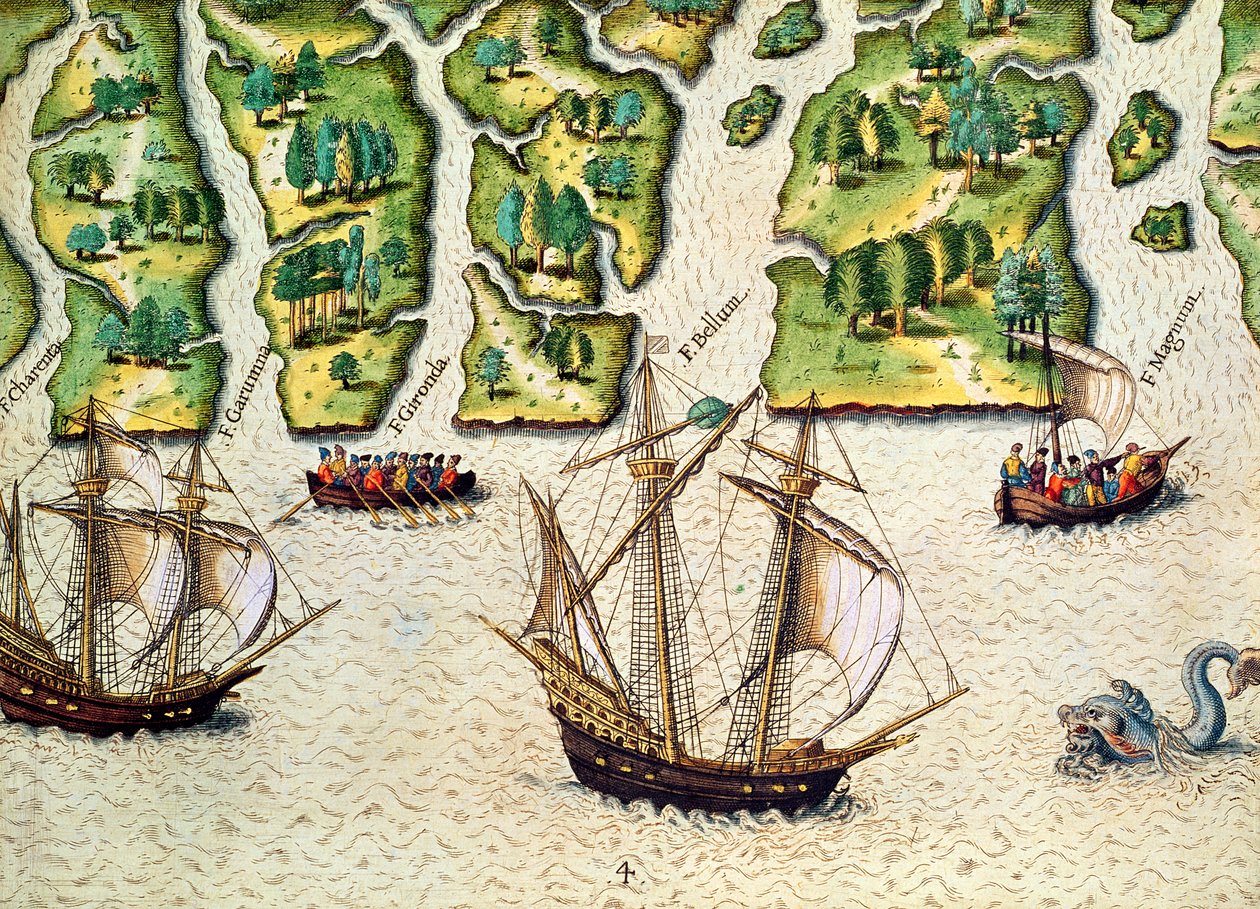 اكتشف الفرنسيون ستة أنهار أخرى ، من "Brevis Narratio .." ، منقوش بواسطة Theodore de Bry (1528-98) نشر في فرانكفورت ، 1591 بواسطة جاك لو موين