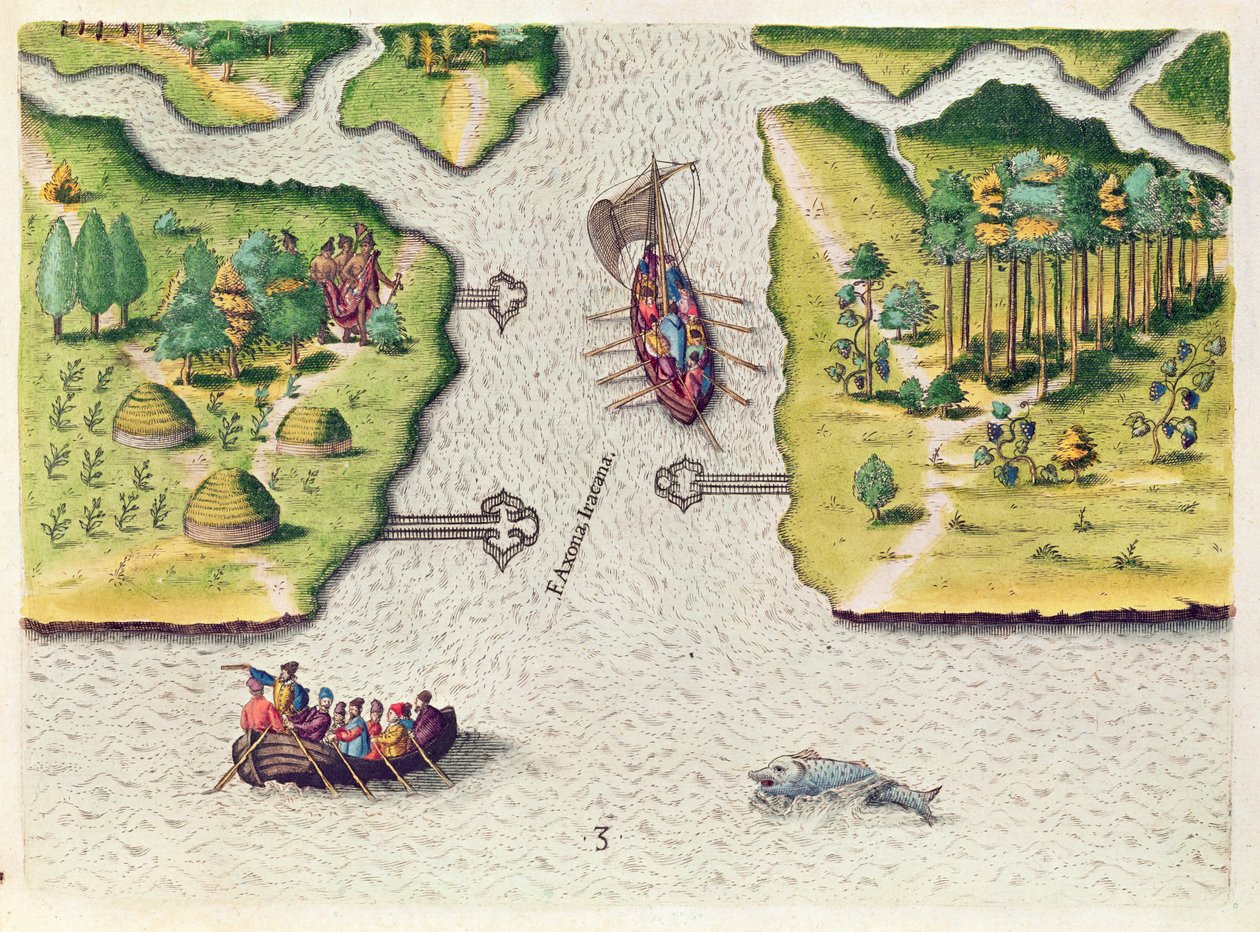 اكتشف الفرنسيون نهرين آخرين ، من "Brevis Narratio .." ، منقوش بواسطة Theodore de Bry (1528-98) نشر في فرانكفورت ، 1591 بواسطة جاك لو موين