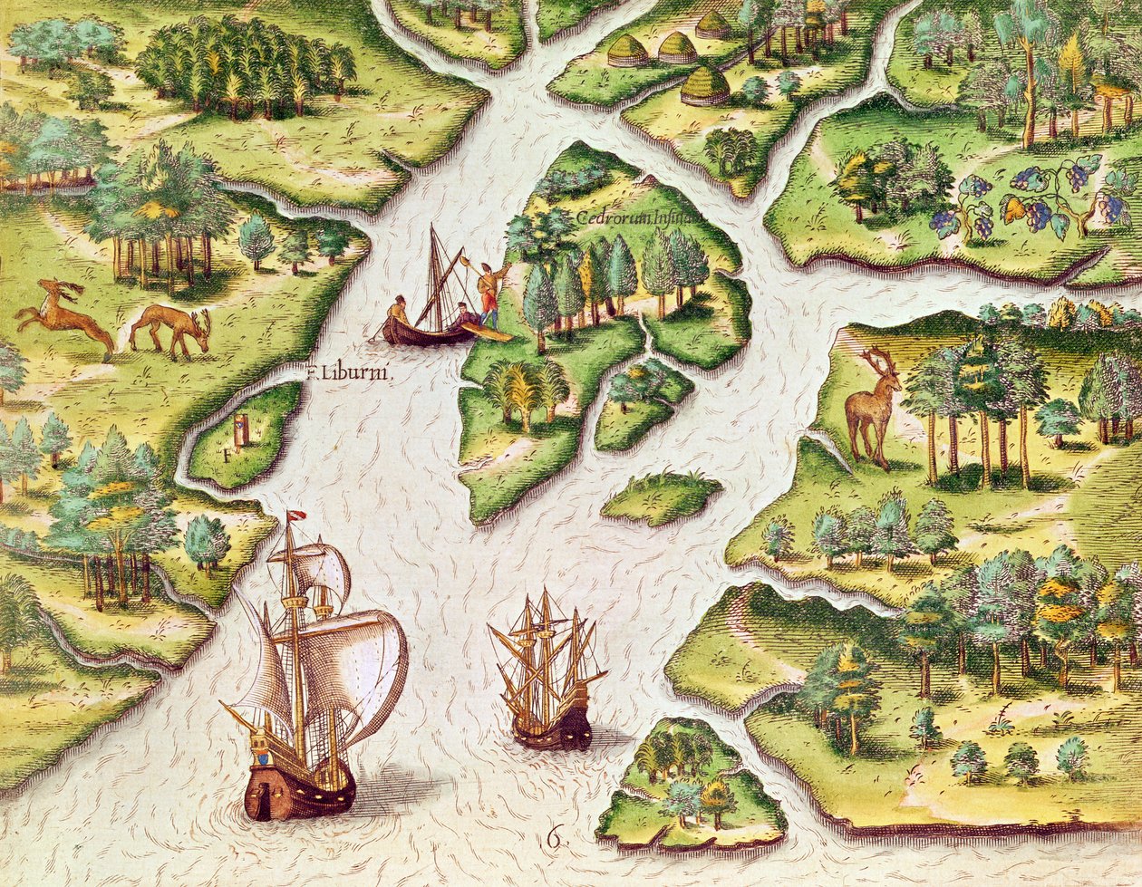 نصب الفرنسيون عمودًا مع شعار النبالة الملكي ، من كتاب "Brevis Narratio .." ، منقوش بواسطة Theodore de Bry (1528-98) المنشور في فرانكفورت ، 1591 بواسطة جاك لو موين