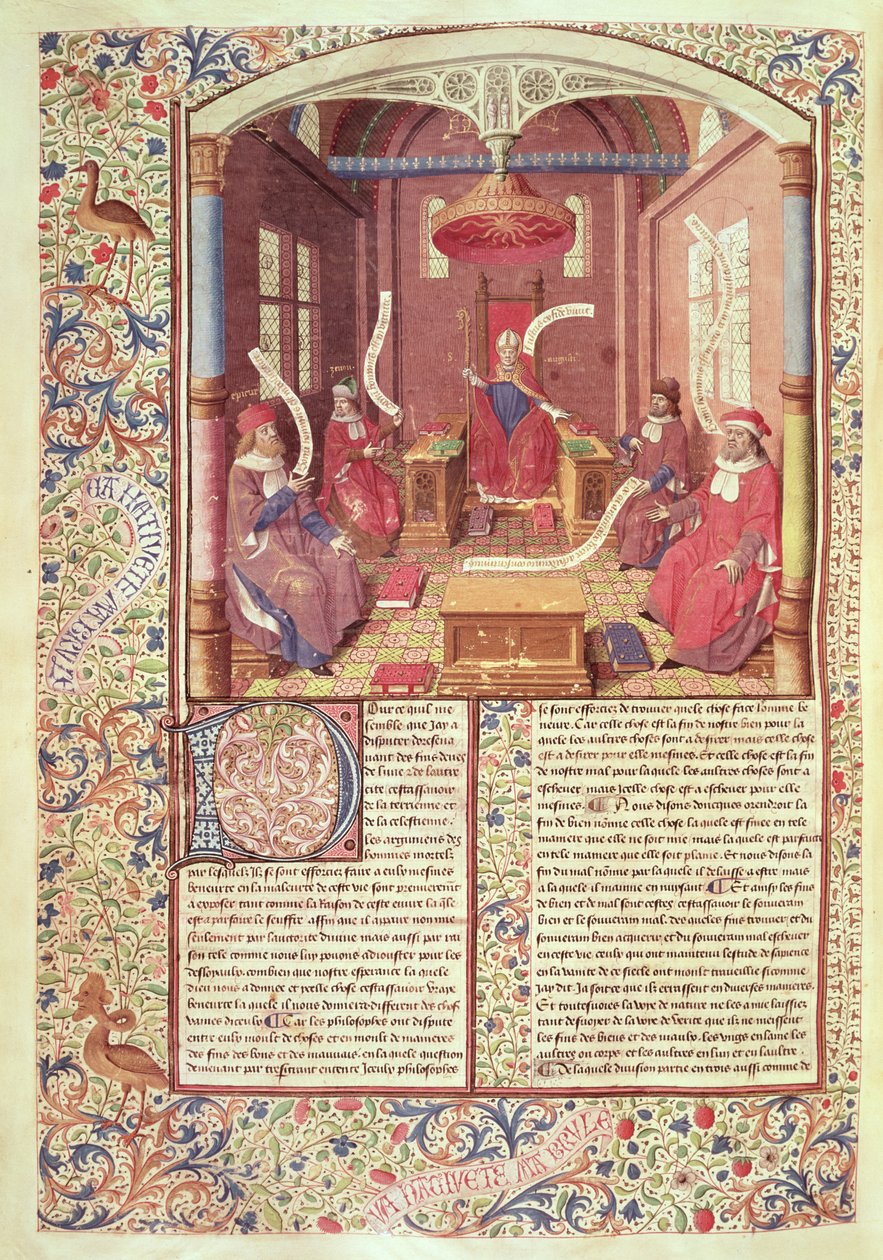 السيدة 246 fol.354v سانت أوغسطين ، أبيقور ، زينو ، أنطيوخس وفارون ، من "De Civitae Dei" بواسطة القديس أوغسطين من فرس النهر (354-430) ترجمة راؤول دي بريسلز بواسطة جاك دي بيزانسون