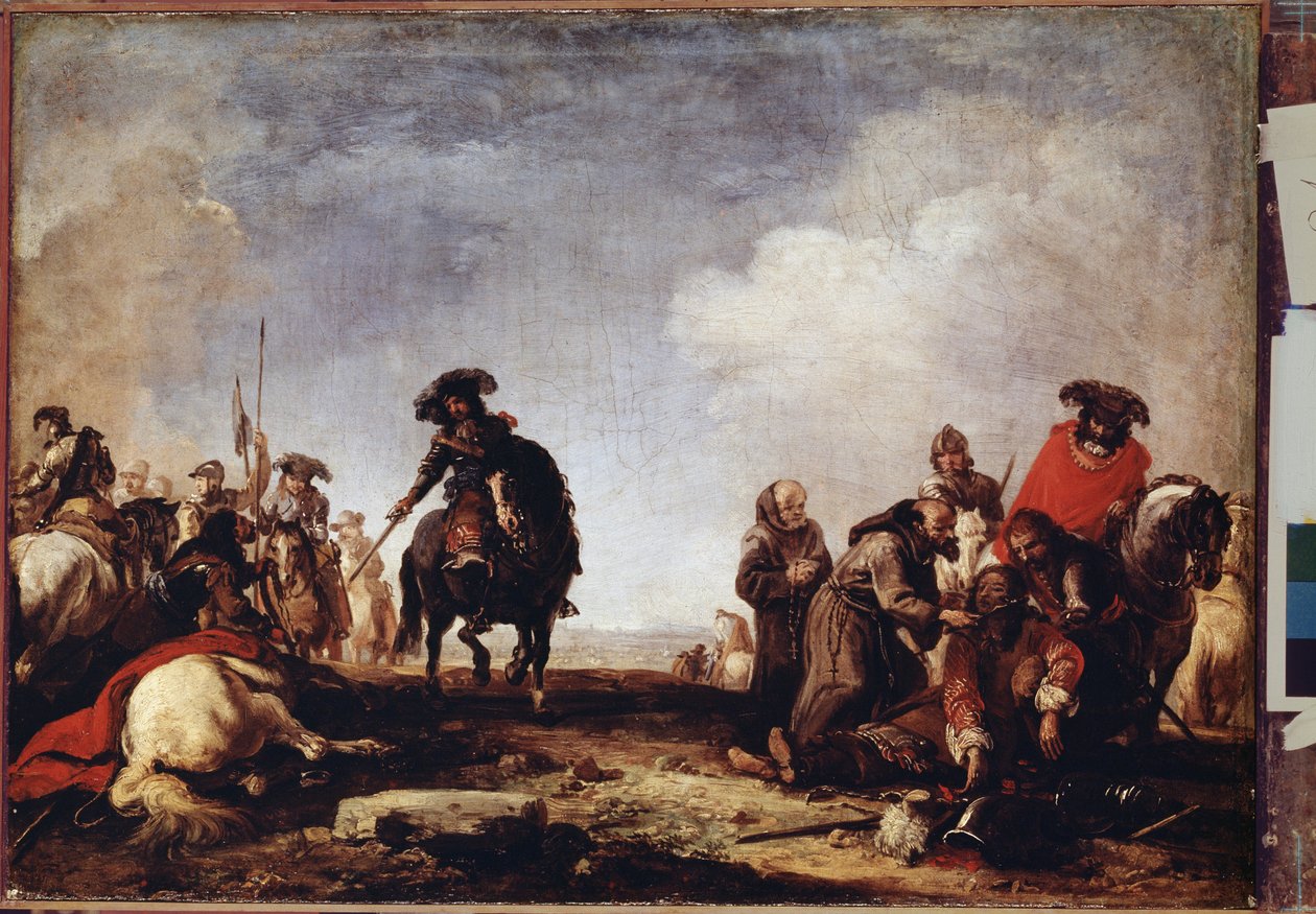 "بعد المعركة" (بعد المعركة) تمر مجموعة من الرهبان بين الجرحى ليباركوهم. لوحة لجاك كورتوا (1621-1696) متحف هيرميتاج في القرن السابع عشر ، سانت بطرسبرغ (سانت بطرسبرغ) بواسطة جاك كورتوا