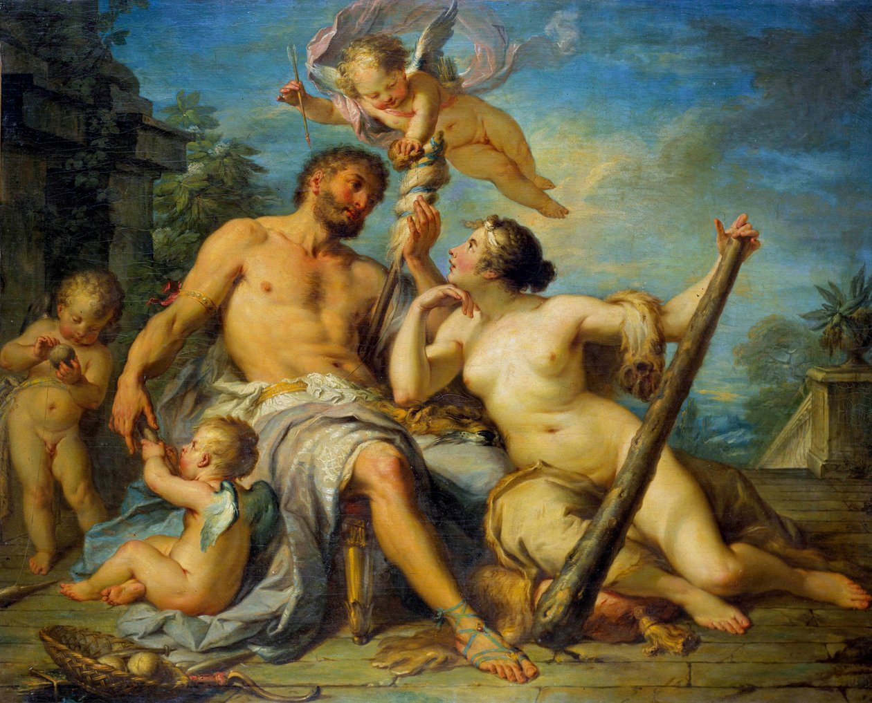 هرقل و Omphale Hercules (Heracles) في حالة حب مع Omphale ، الذي هو عبده. اللوحة التي رسمها جاك دومون تسمى الرومانية (1701-1781). 1728. خافت. 1،33 × 1،67 م. جولات متحف الفنون الجميلة بواسطة جاك دومون