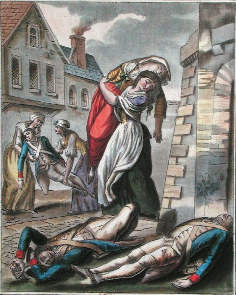 نساء يساعدن الجرحى خلال الثورة الفرنسية ، نقش لابروس ، حوالي 1795 (نقش ملون) بواسطة جاك (بعد) Grasset de Saint-Sauveur