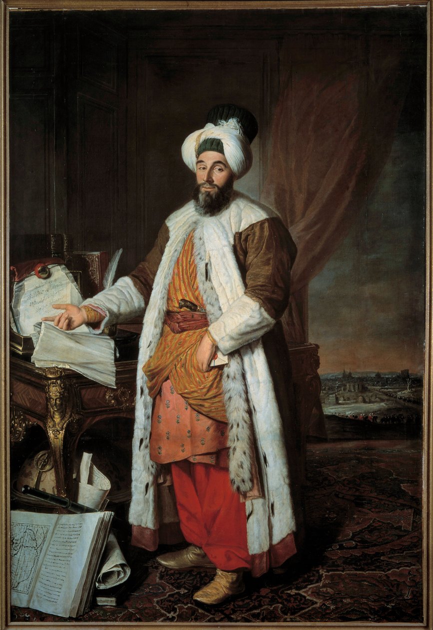صورة بالحجم الكامل لمحمت سعيد باشا باي دي روميلي ، سفير السلطان محمود (محمود) الأول إلى فرساي عام 1742 رسم لجاك أندريه جوزيف أفينيو ، ديت لو كاميلوت أو أفيت لو باتاف (1702-1766) بواسطة جاك أندريه جوزيف كاميلوت أفيد