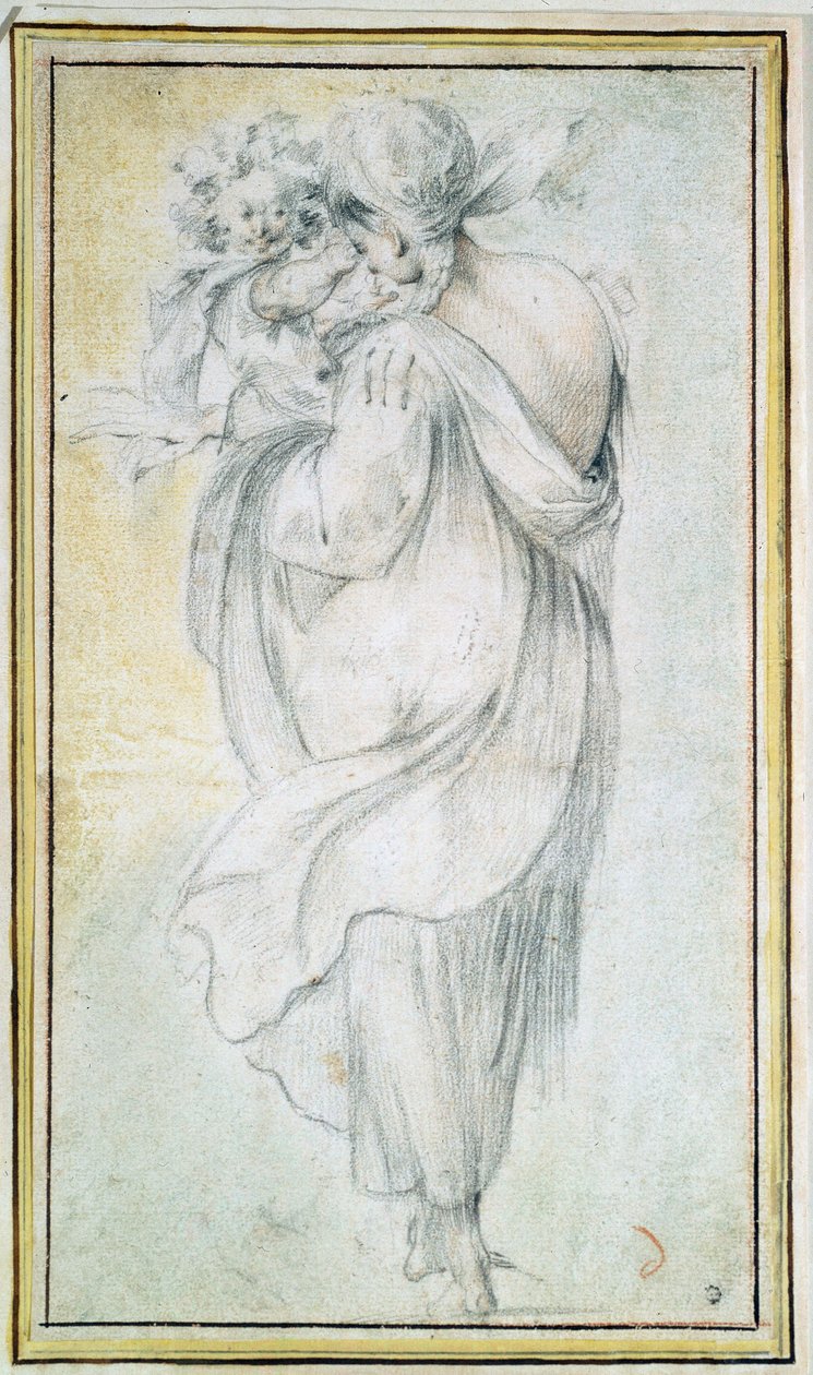 غجري مع طفل - عمل جاك بيلانج (حوالي 1575-1616) ، دم وطباشير أبيض وأسود على ورق (30 × 16.5 سم) ، أوائل القرن السابع عشر - غجر مع طفل ، دم ، طباشير أسود وأبيض على ورق بقلم ج. بيلانج ، أوائل القرن السابع عشر - ولاية هـ بواسطة جاك بيلانج