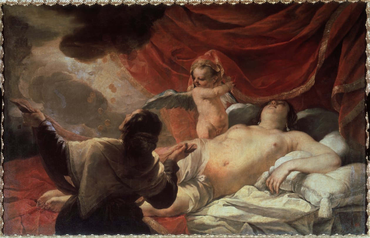 يقدم "Danae" زيوس نفسه إلى Danae لإغرائها في شكل وابل من العملات الذهبية. اللوحة التي رسمها جاك بلانشارد (1600-1638) متحف الدولة في الهواء الطلق في القرن السابع عشر تسارسكوي سيلو ، سانت بطرسبرغ ، روسيا بواسطة جاك بلانشارد