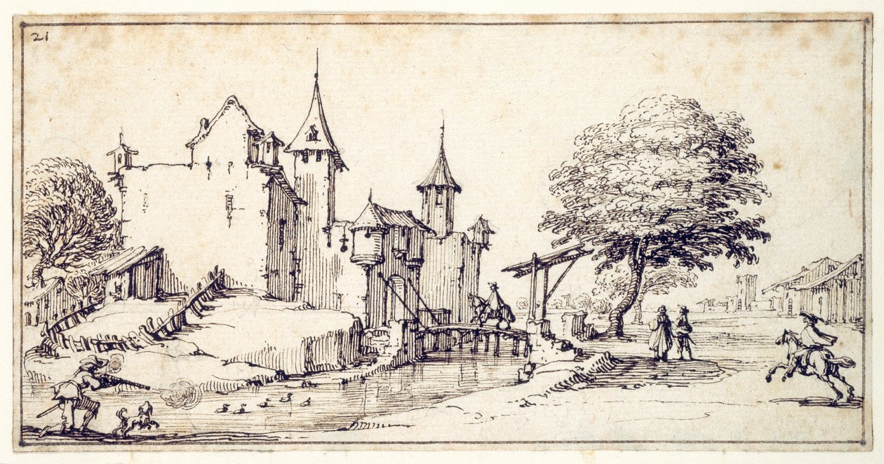 A chateau with drawbridge (pen & brown ink on paper) بواسطة جاك كالوت
