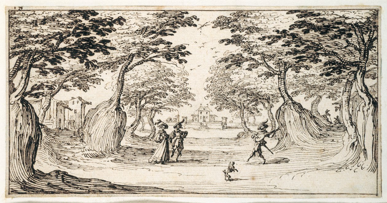 A fine lady and gentleman dancing in the woods to a lute, a chateau in the distance (pen & brown ink on paper) بواسطة جاك كالوت