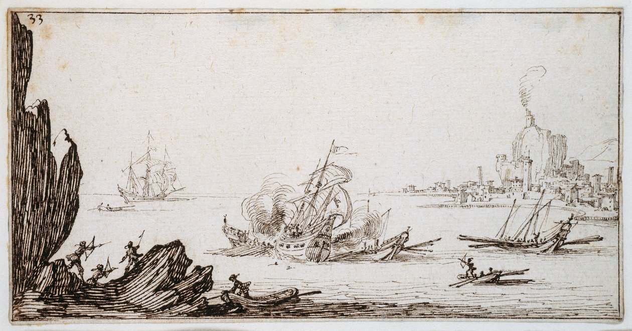 A galley rammed amidships by a man-o