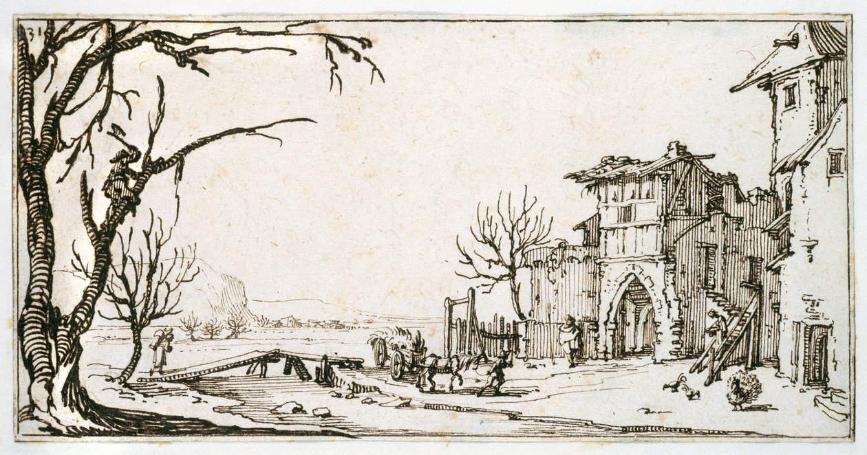 A haywain being brought to the medieval gate of a village, a man lopping a branch, from an album belonging to Israel Silvestre, c.1630 (pen & ink on paper) بواسطة جاك كالوت