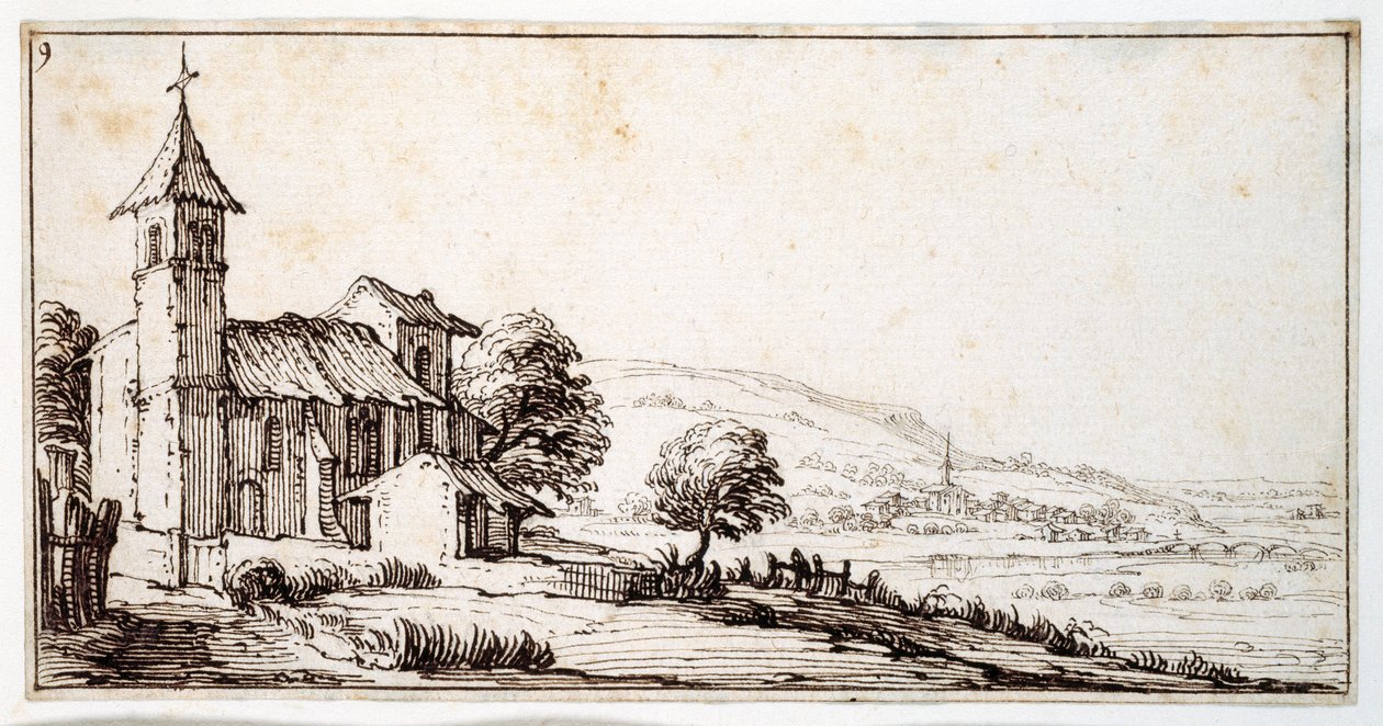 A river landscape close to Nancy, with Maxeville village church and another in the middle distance, from an album belonging to Israel Silvestre, c.1630 (pen & ink on paper) بواسطة جاك كالوت