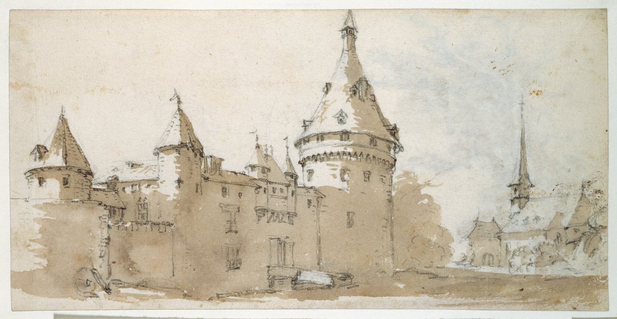 A turreted chateau and a church (brown & grey wash over black chalk on paper) بواسطة جاك كالوت