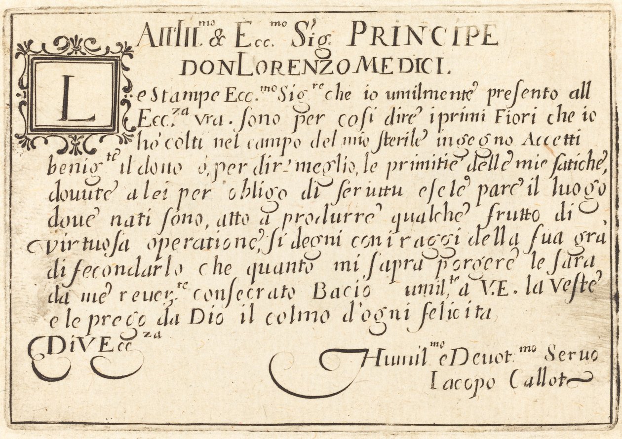 إهداء إلى Don Lorenzo de 'Medici، c. 1622. بواسطة جاك كالوت
