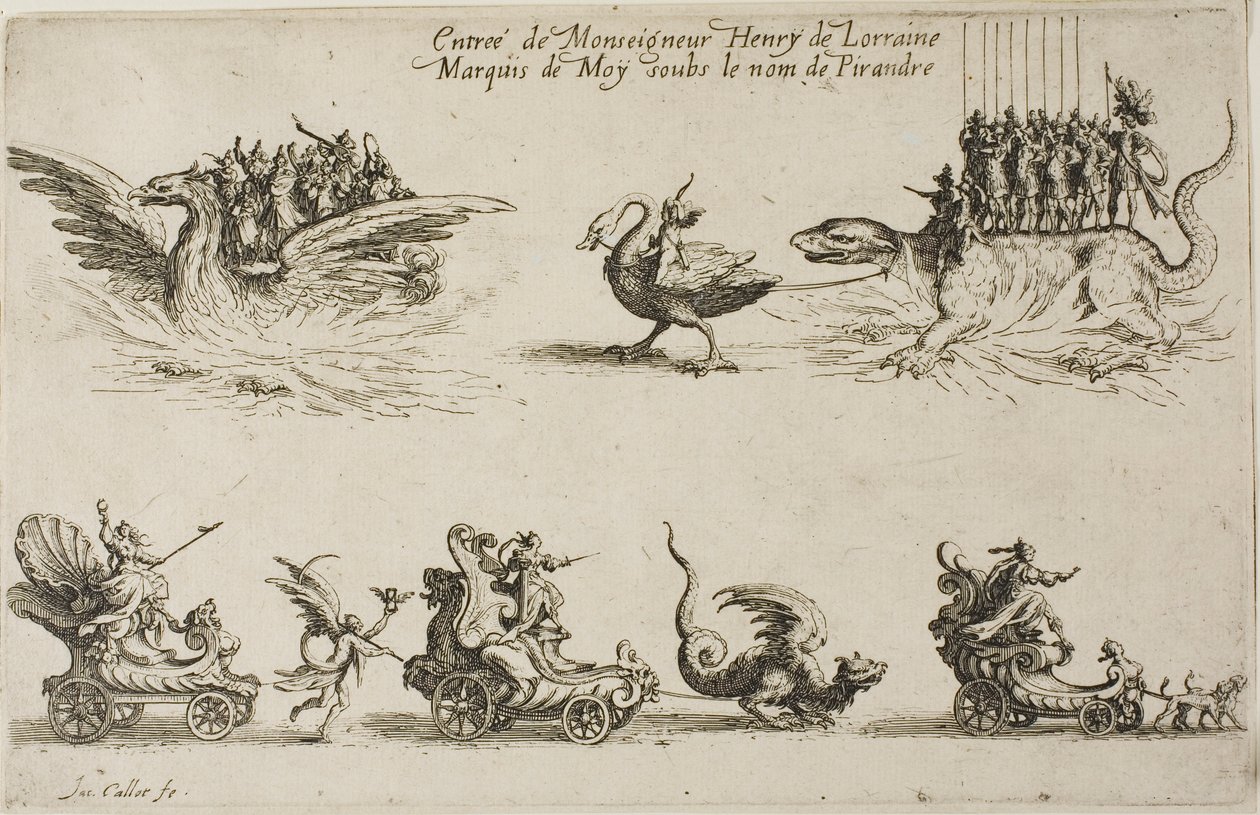 دخول Monseigneur Henry de Lorraine ، Marquis de Moy ، تحت اسم Pirandre ، من The Combat at the Barrier بواسطة جاك كالوت