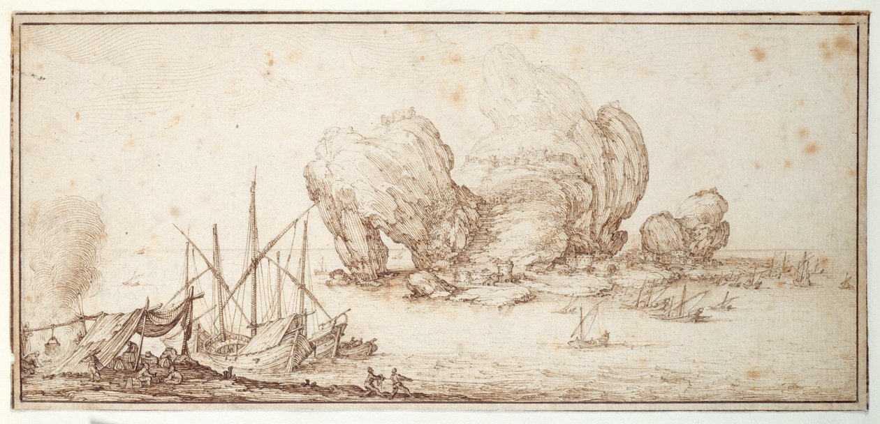 Fantastic rocks, fortified. Shipping. Mariners bivouac in sight of their craft (Le Grand Rocher) (pen & ink on paper) بواسطة جاك كالوت