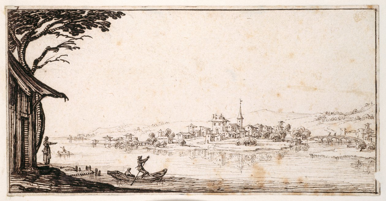 Ferrying a passenger across a river to a small town linked by a bridge to a castle (pen & brown ink on paper) بواسطة جاك كالوت