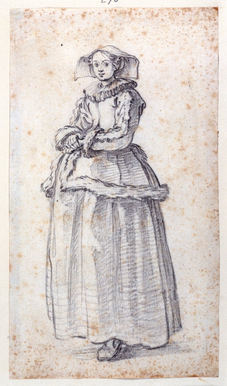 Figure with Fur-Trimmed Dress (black chalk on paper) بواسطة جاك كالوت