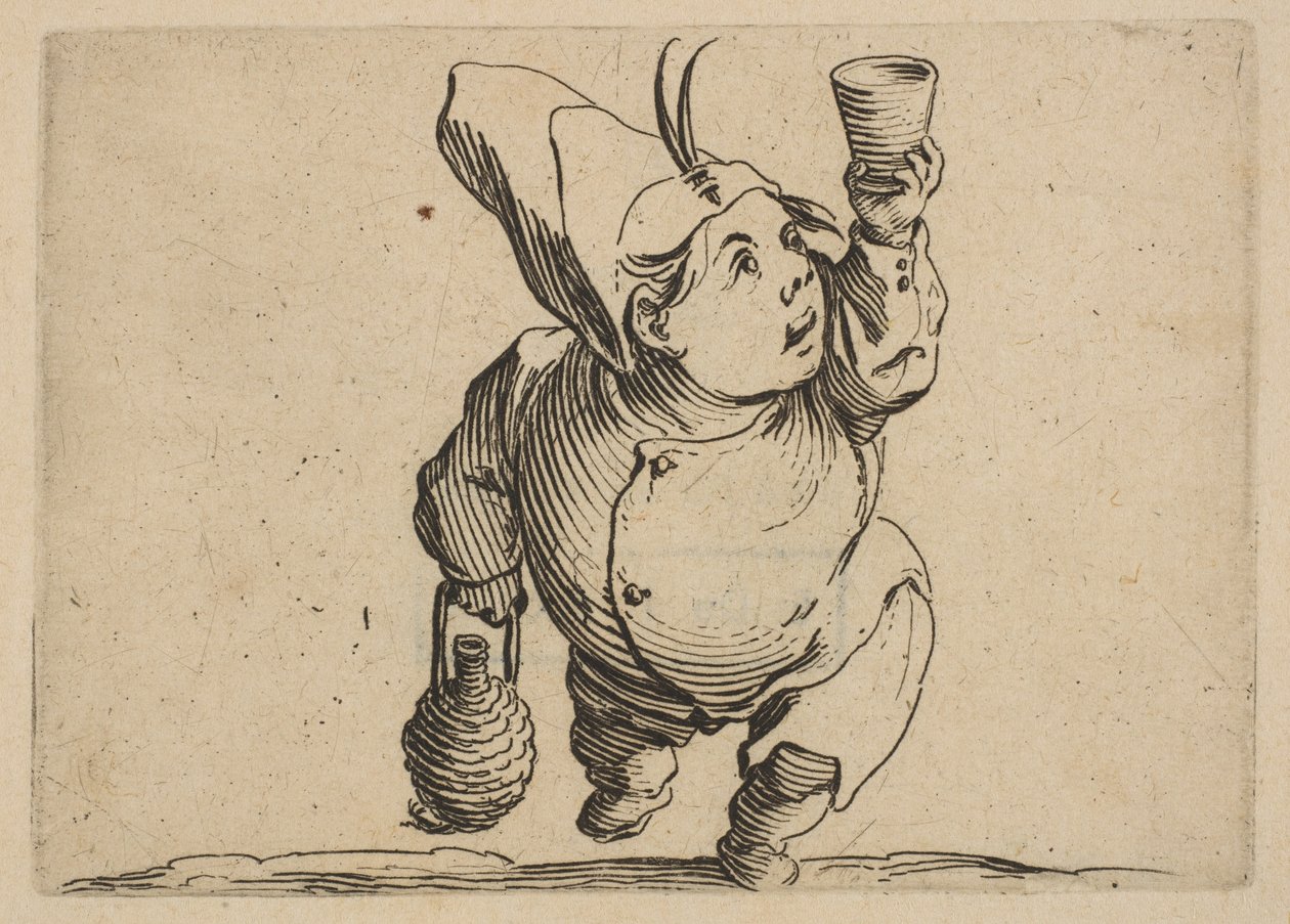 Le Beveur vu de Face The Drinker ينظر إليها من الأمام ، من Varie Figure Gobbi ، بدلة ... ، 1616-22. بواسطة جاك كالوت