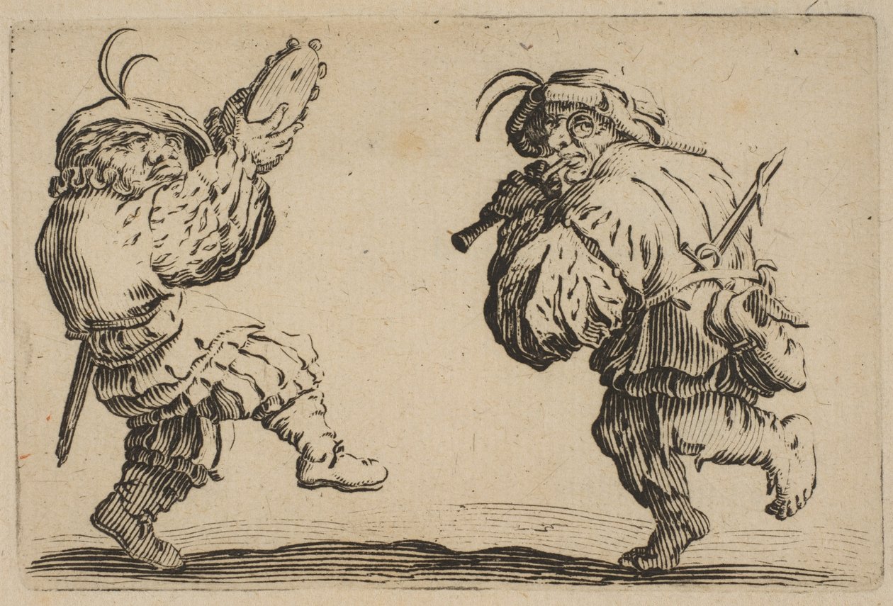Les Danseurs a la Flute et au Tambourin اثنان من الراقصين يلعبان الناي والدفوري ... ، 1617-20. بواسطة جاك كالوت