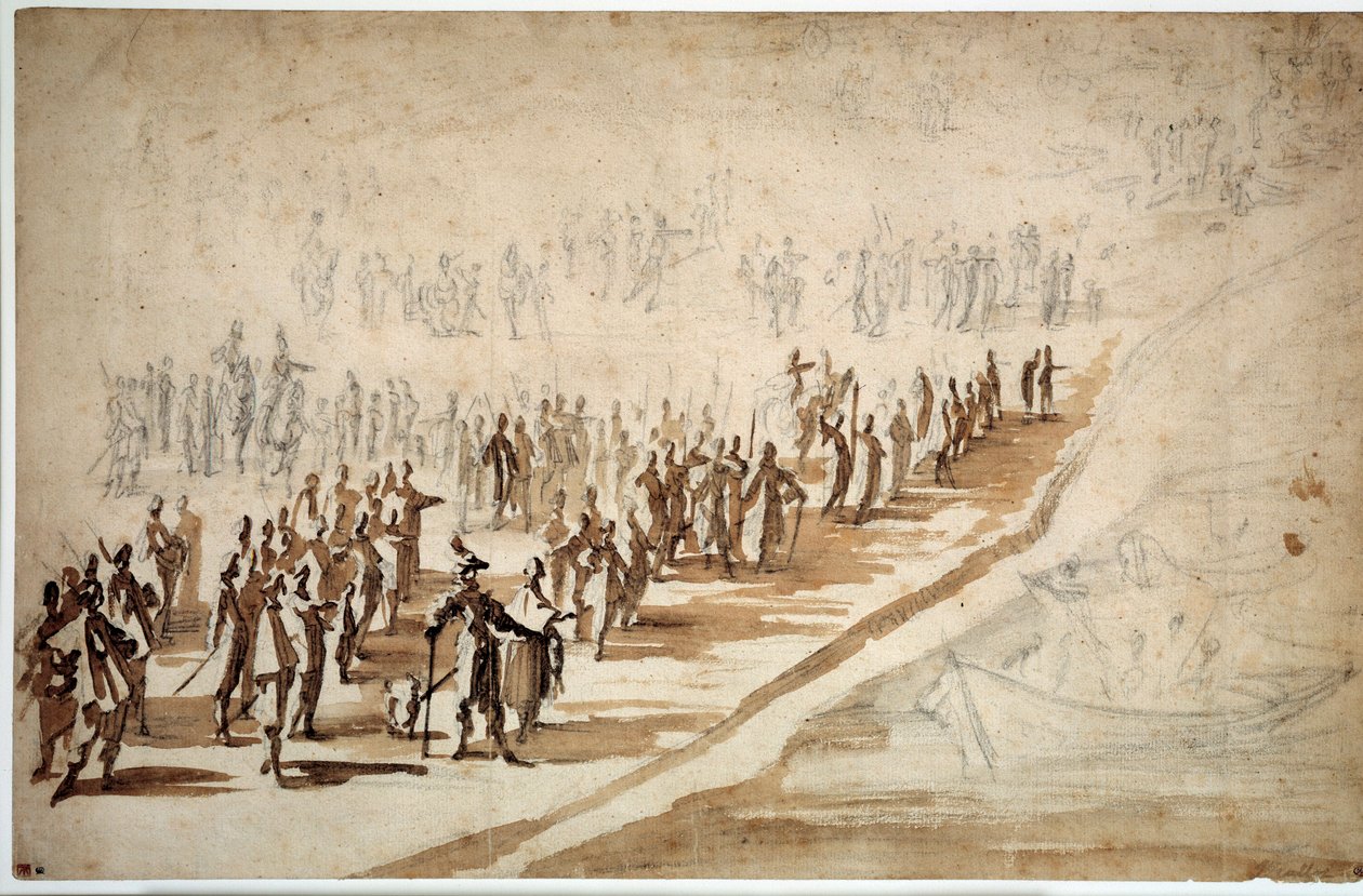 حضر لويس الثالث عشر (1601-1643) وريتشيليو (1585-1642) قسم القوات لجزيرة ري. رسم جاك كالوت (1592-1635) بواسطة جاك كالوت